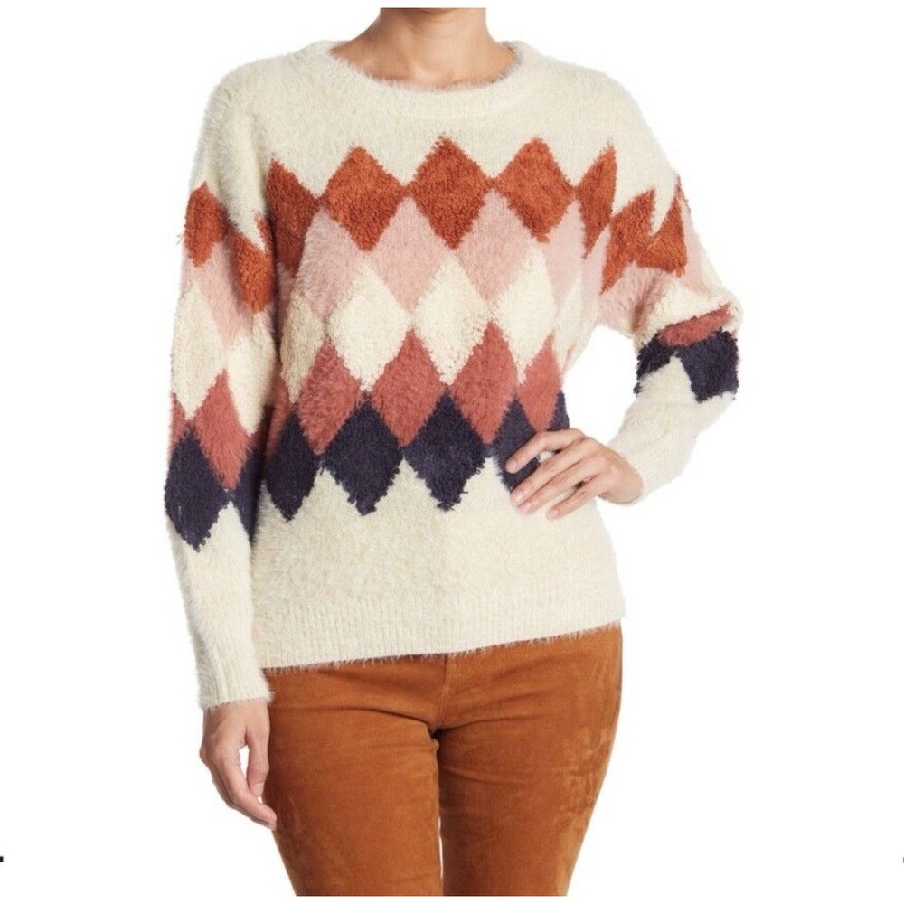 Anthropologie FRNCH Paris Textured Argyle Pattern Metallic Gold Sweater Cozy-M/L
